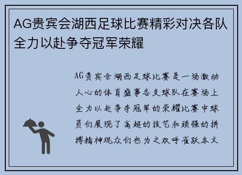AG贵宾会湖西足球比赛精彩对决各队全力以赴争夺冠军荣耀